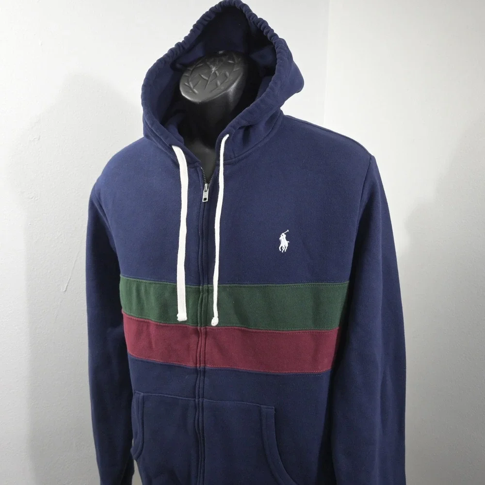 Polo Ralph Lauren Full Zip Hoodie Mens L Navy Blue Green Maroon Colorblock Pony